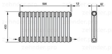 Схема (чертеж) Радиатор Zehnder Charleston 2045/13 №2670 Белый глянцевый RAL 9016